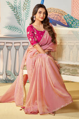 Pink Organza Silk Plain Saree with Sequins Border