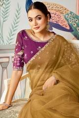 Mustard Organza Silk Plain Saree with Sequins Border