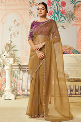 Mustard Organza Silk Plain Saree with Sequins Border