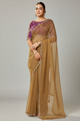 Mustard Organza Silk Plain Saree with Sequins Border