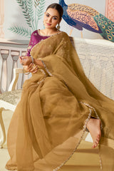 Mustard Organza Silk Plain Saree with Sequins Border