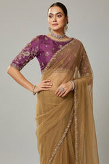 Mustard Organza Silk Plain Saree with Sequins Border