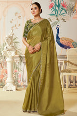Olive Green Satin Silk Plain Saree with Sequins Border