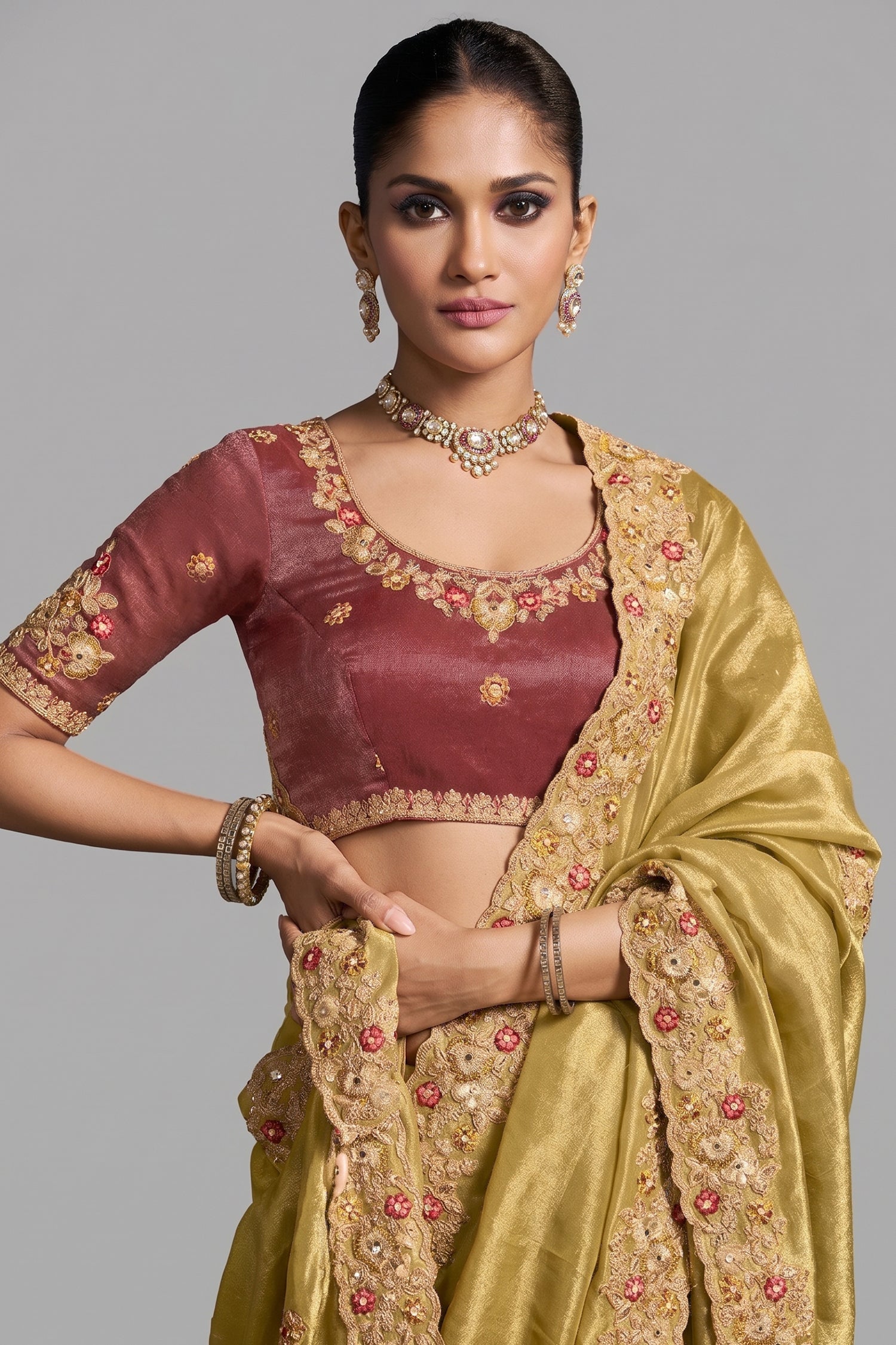 Yellow Tissue Silk Saree with Embroidery Work - yellow silk saree embroidery