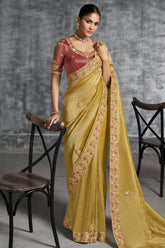Yellow Tissue Silk Saree with Embroidery Work