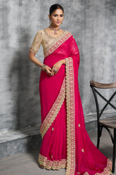 Dark Pink Satin Silk Saree with Embroidery Work