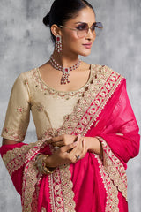 Dark Pink Satin Silk Saree with Embroidery Work