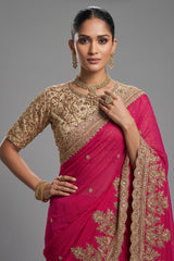 Dark Pink Satin Silk Saree with Embroidery Work - pink silk saree embroidery