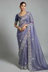 Light Violet Blue Tissue Silk Saree with Embroidery Work