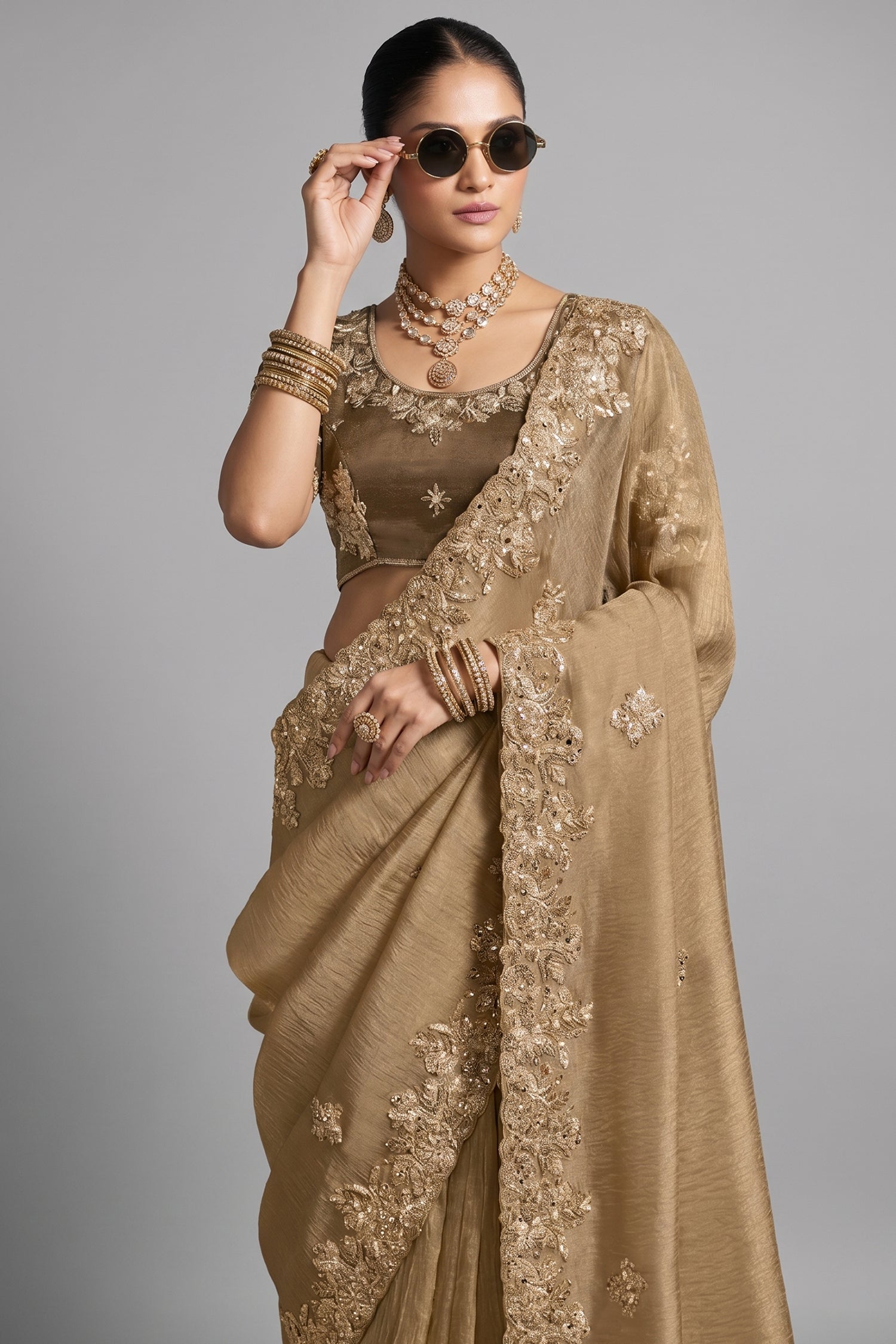 Beige Tissue Silk Saree with Embroidery Work - beige silk saree embroidery