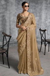 Beige Tissue Silk Saree with Embroidery Work