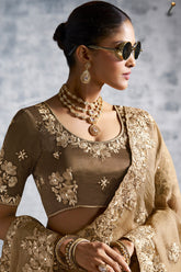 Beige Tissue Silk Saree with Embroidery Work - beige silk saree embroidery