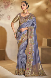 Steel Blue Silk Heavy Worked Saree