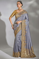 Steel Blue Silk Heavy Worked Saree