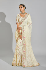 Off White Georgette Heavy Worked Saree
