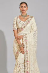 Off White Georgette Heavy Worked Saree