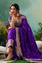 Dark Purple Silk Viscose Saree with Weaving - purple silk saree