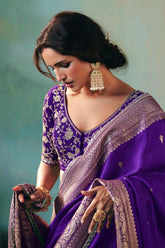 Dark Purple Silk Viscose Saree with Weaving - purple silk saree