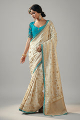 Pearl White Silk Viscose Saree with Weaving