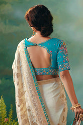 Pearl White Silk Viscose Saree with Weaving - white silk saree
