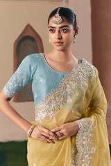 Mellow Yellow Glass Tissue Organza Saree with Sequin Beaded Motif