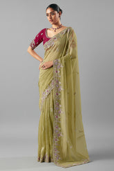 Moss Green Glass Tissue Organza Saree with Sequin Beaded Motif