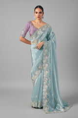 Powder Blue Glass Tissue Organza Saree with Sequin Beaded Motif