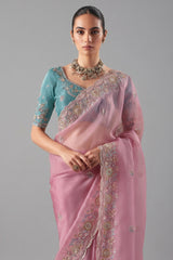 Pastel Pink Glass Tissue Organza Saree with Sequin Beaded Motif - pink organza saree
