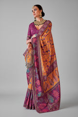 Mustard Art Silk Printed Saree with Paisley Motifs