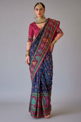 Navy Blue Art Silk Printed Saree with Paisley Motifs