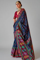 Navy Blue Art Silk Printed Saree with Paisley Motifs