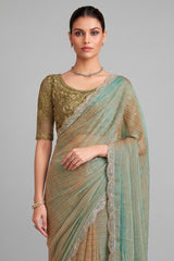 Blue and Golden Shaded Georgette Saree with Sequin Embellished Scallop Border - blue georgette saree