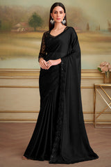 Black Chiffon Satin Saree with Sequin Lace