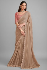 Beige and Golden Shaded Georgette Saree with Sequin Embellished Scallop Border