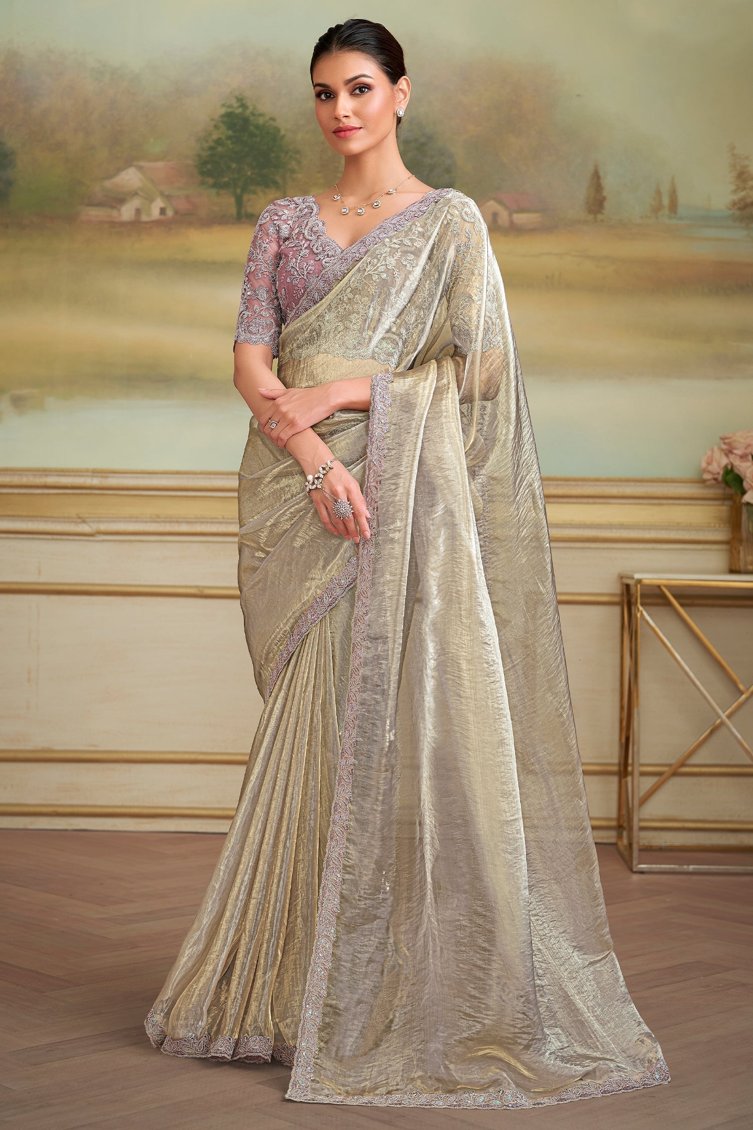 Light Purple and Golden Two Toned Glass Tissue Saree with Sequin Embellished Scallop Border - gold saree