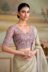 Light Purple and Golden Two Toned Glass Tissue Saree with Sequin Embellished Scallop Border - gold saree