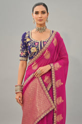 Dark Pink Viscose Woven Butta Saree with Embroidery Border - pink viscose saree embroidery