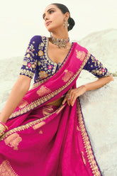 Dark Pink Viscose Woven Butta Saree with Embroidery Border - pink viscose saree embroidery