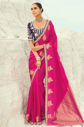Dark Pink Viscose Woven Butta Saree with Embroidery Border - pink viscose saree embroidery