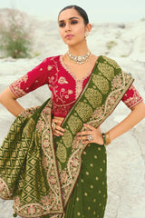 Olive Green Viscose Woven Saree with Embroidery Border