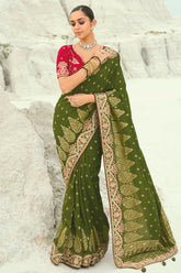 Olive Green Viscose Woven Saree with Embroidery Border - green viscose saree embroidery