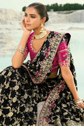 Black Viscose Woven Saree with Embroidery Border - black viscose saree embroidery