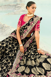 Black Viscose Woven Saree with Embroidery Border - black viscose saree embroidery