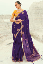 Dark Purple Viscose Woven Saree with Embroidery Border - purple viscose saree embroidery