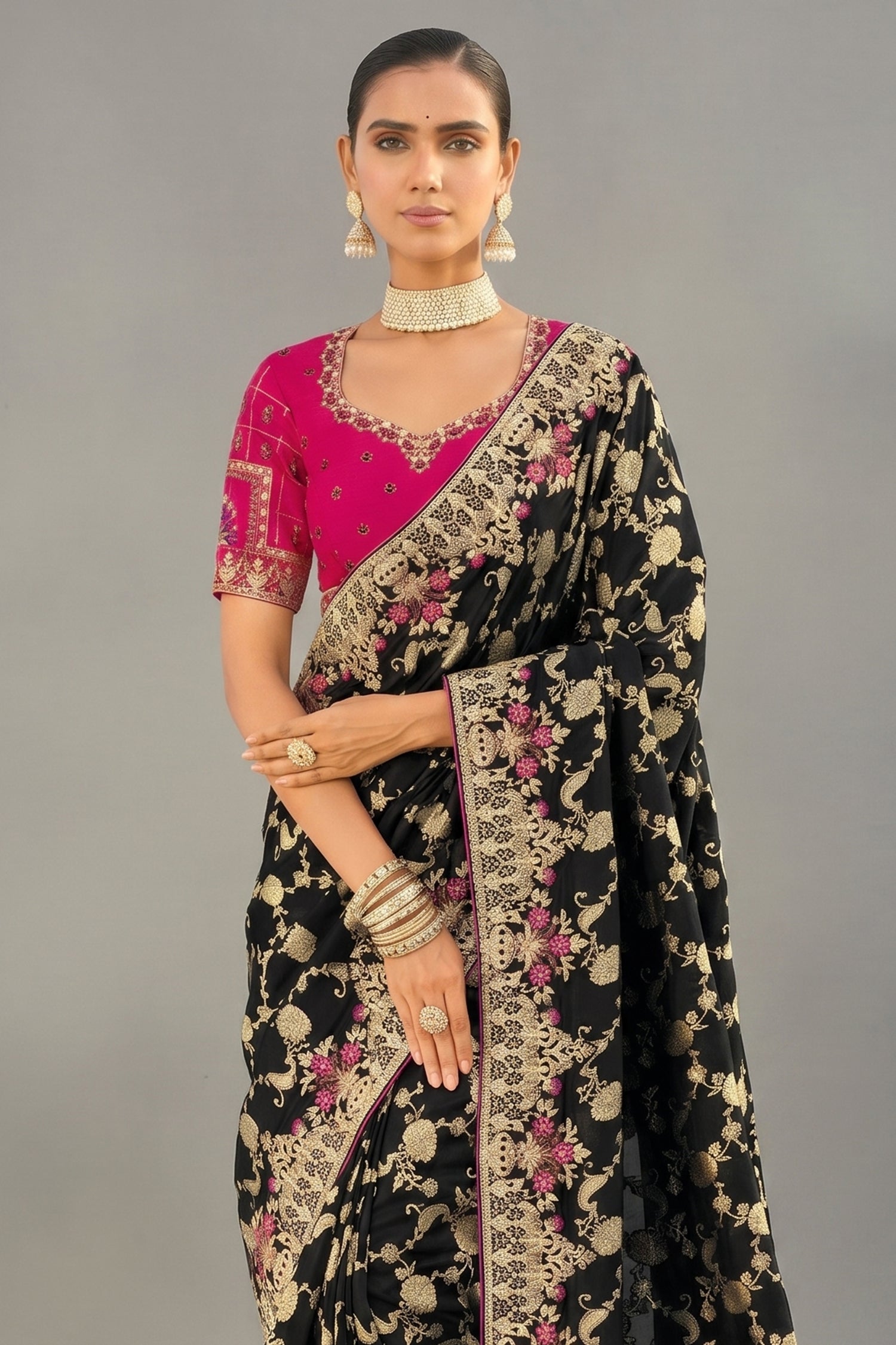 Black Viscose Woven Saree with Embroidery Border - black viscose saree embroidery