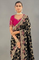 Black Viscose Woven Saree with Embroidery Border - black viscose saree embroidery