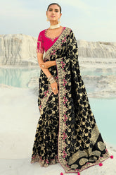 Black Viscose Woven Saree with Embroidery Border - black viscose saree embroidery