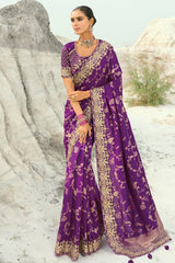 Purple Viscose Woven Saree with Embroidery Border