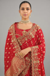 Red Viscose Woven Saree with Embroidery Border - red viscose saree embroidery