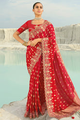 Red Viscose Woven Saree with Embroidery Border - red viscose saree embroidery